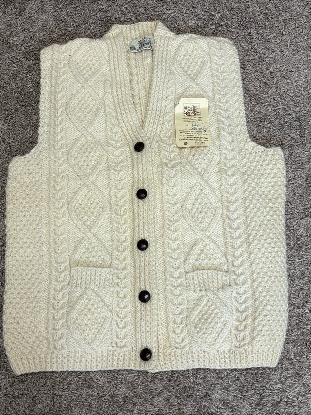 Handmade Cream Cable Knit Vest with Button Front Blarney woolen mills 100% wool